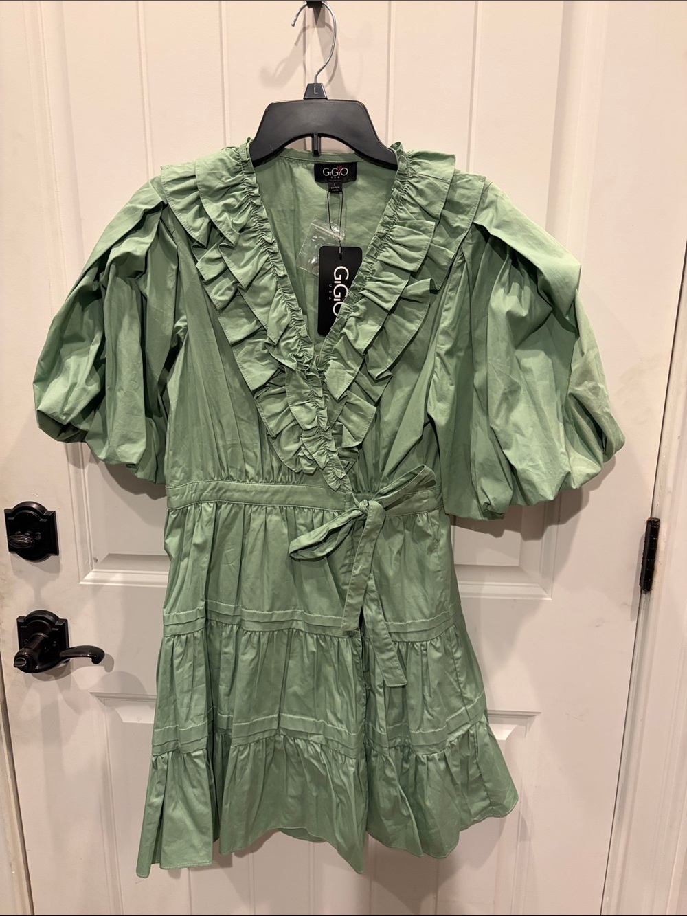 GIGI Green Ruffle Wrap Midi Dress with Puff Sleeves